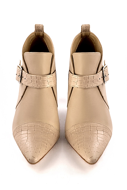 Tan beige women's ankle boots with buckles at the front. Tapered toe. Very high kitten heels. Top view - Florence KOOIJMAN